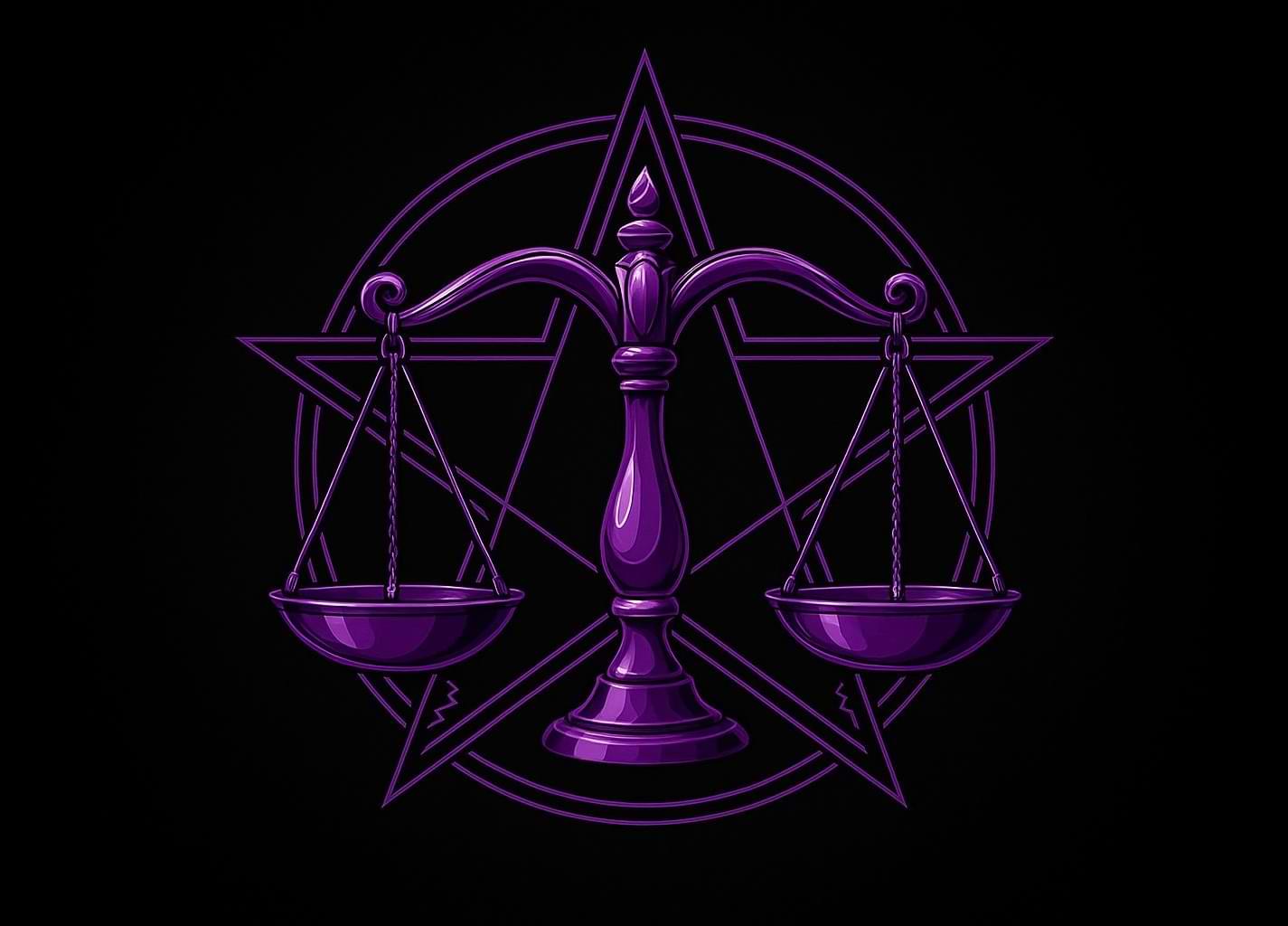 Purple Libra zodiac scales centered in front of a glowing pentagram on black background